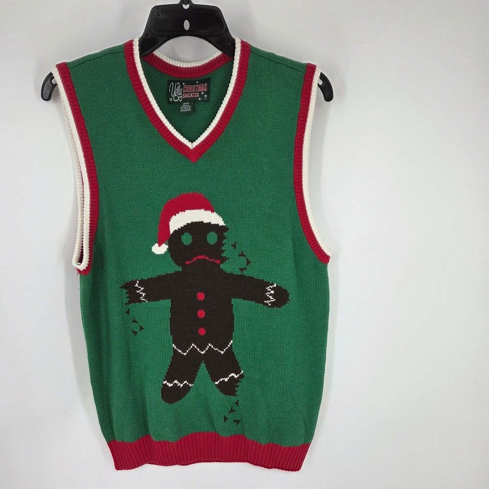 Ugly Christmas Sweater Vest Mens Small Green Gingerbread Man Bitten V-Neck Knit